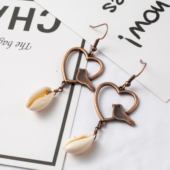 Bronze Bird Heart Cowrie Shell Drop Earrings - Picture 6 of 8